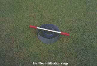 Turf-Tec Infiltration Rings will give field infiltration readings quickly and easily.  Infiltration rate is also a good indication of when it's time to aerify. Baseline Infiltrometer readings will give a good indication of your rate of infiltration. 